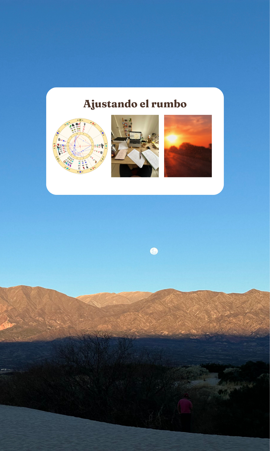 Escritorio de trabajo con notas de sesión y carta astrológica